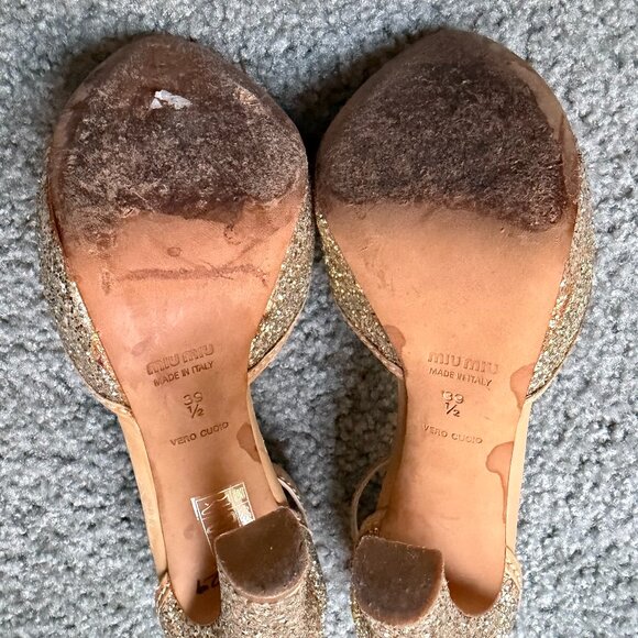 Miu Miu Gold Glitter Strappy Open Toe Heels - Picture 5 of 7